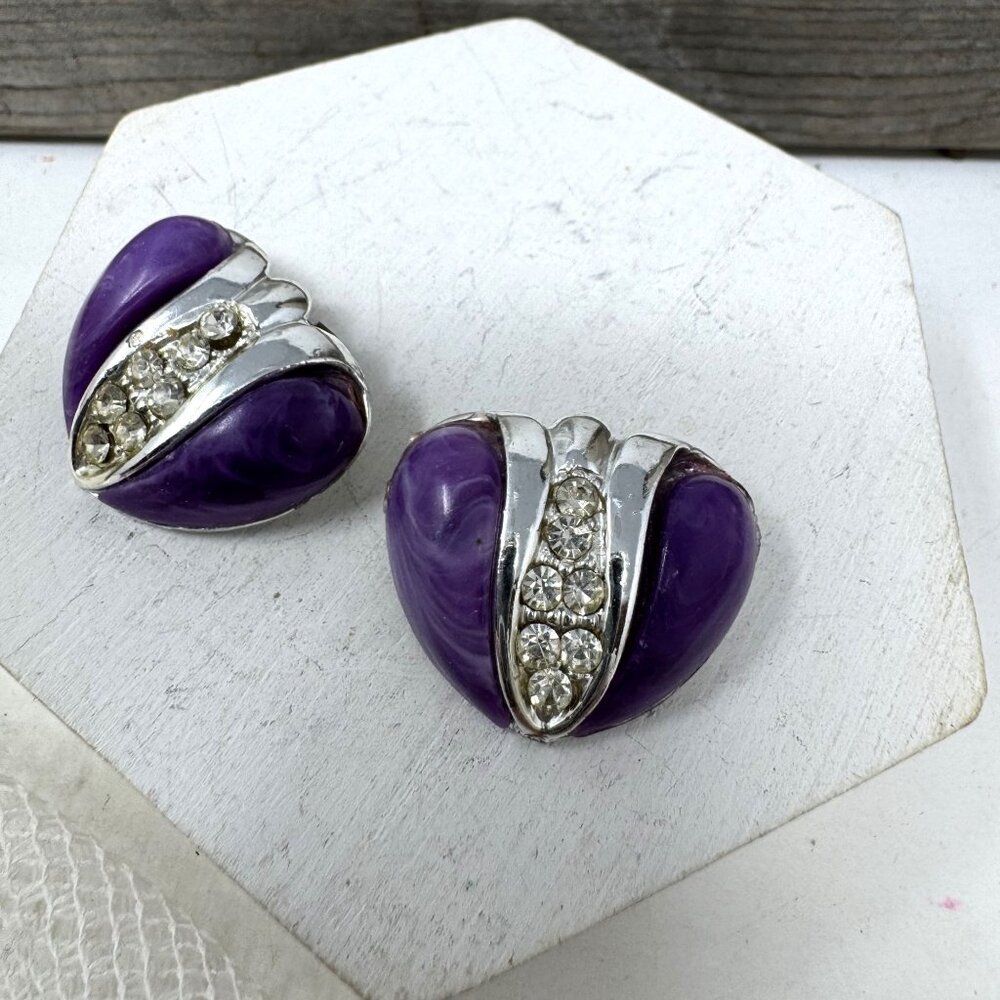 Vintage Purple Rhinestone Clip-On Earrings Silver-Tone Metal Triangle Shape